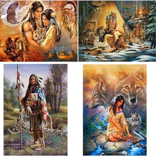 5D DIY Diamond Painting Wolf & Indian Woman Diamond Embroidery Full Round Drill Animal Mosaic Rhinestone Cross Stitch Home Decor