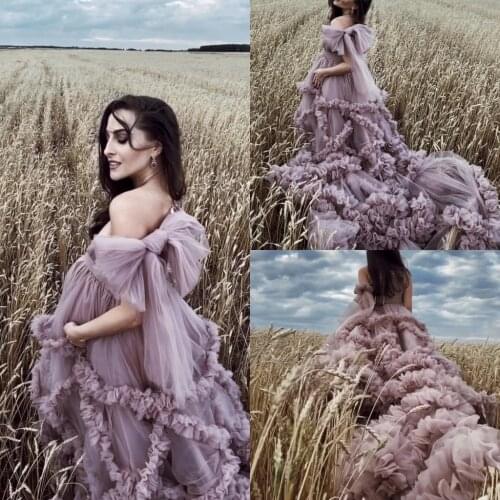 Maternity Photoshoot Women Evening Dresses Duty Pink Long Train vestidos longo Tiered Pregnant Prom Gown Lush Puffy Custom Made
