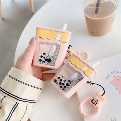 3D Cute Liquid quicksand glitter Bubble Milk tea cup Wireless Bluetooth Earphone Case for Airpods pro 2 1 Silicone headset Cover