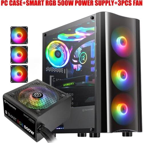 Black Chassis Water-Cooled Computer Case Support ATX/Tempered Glass Side Penetration/Wave Panel/Backline with 3PCS RGB Case Fan