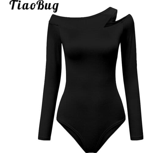 Women Asymmetrical Collar Long Sleeve High-Cut Bodycon Sexy Bodysuit Solid Color Gymnastics Ballet Leotard Sports Dancewear
