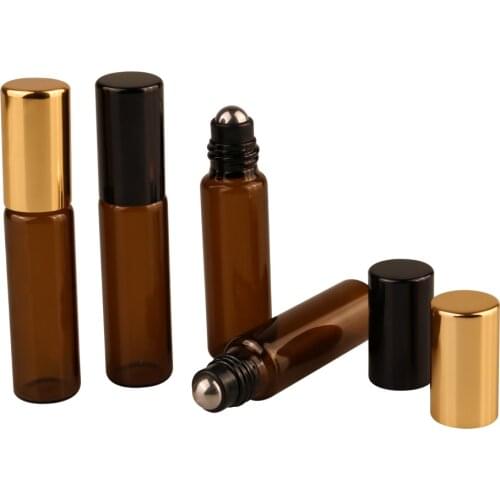 20pcs/lot 1ml 2ml 3ml 5ml 10ml Amber Glass Roll On Bottle with Metal Ball Small Roller Essential oil Bottle Brown Perfume Vials