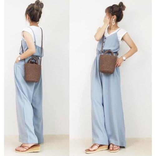 Retro Literary Summer Jumpsuit Japanese Korean Solid Color Wide Leg Pants Trousers High Waist Bib Loose Button Trousers Thin