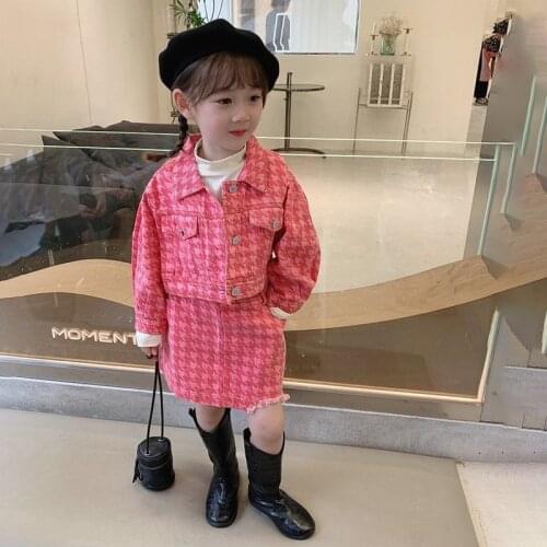 Spring Autumn Girls 2 Pcs Set Baby Short Jacket + Skirt Kids Suits Children Clothes Fashion Grid Check Print 2 To 13 Yrs