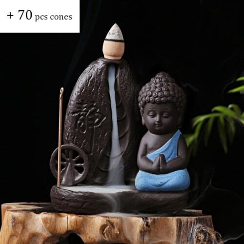 The Little Monk Backflow Incense Burner with 70pcs Cones Buddha Incense Cone Censer for Incense Sticks Holder Ceramic Monk Set