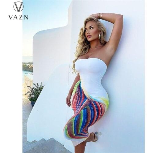 VAZN 2021 Summer Strapless Sleeveless Sexy Club Joker Patchwork Soft Elastic Skinny Long Dress Women For Evening Robe