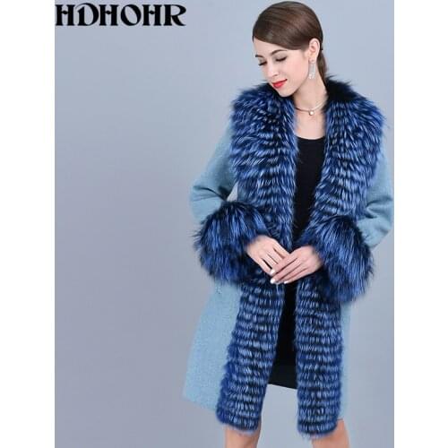 HDHOHR 2020 Hot Sale Cashmere Coat Women Winter Collar With Natural Real Fox Fur Jacket Genuine Leather Fox Fur Coats Female