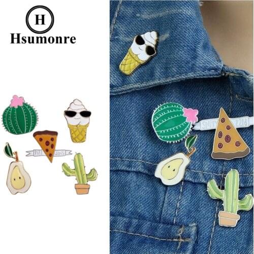 Cartoon Cute Brooches Pizza Icecream Cactus Lapel Pins Pear Colorful Brooch Enamel Plant Denim Jacket Pin Badge Jewelry 5pcs/set