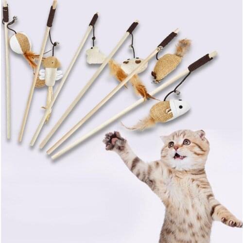 Cartoon Pet Cat Teaser Toys Feather Wood Rod Mouse Toy With Mini Bell Cat Catcher Teaser Wooden Stick Cat Interactive Toys