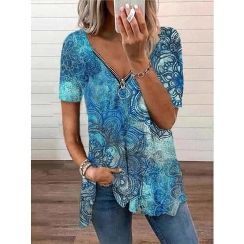 2021 New Womens Zipper V-neck Printed T-shirt Summer Casual Loose Short-sleeved T-shirt top S-5XL Ladies AIl-match Clothing