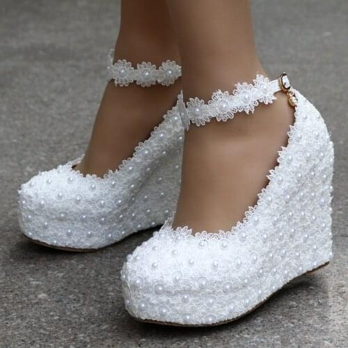 New White Wedges Wedding Pumps Sweet White Flower Lace Pearl Platform Pump Shoes Bride Dress High Heels