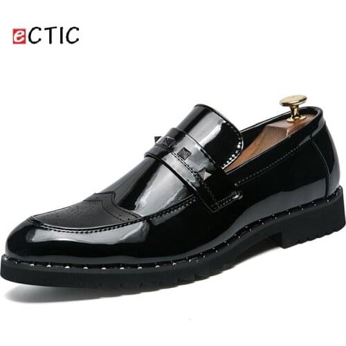 ECTIC Office Gentlemen Men Formal Shoes Rivet Classical Oxfords Dress Zapatos Hombre Pointed Toe Business Patent Leather