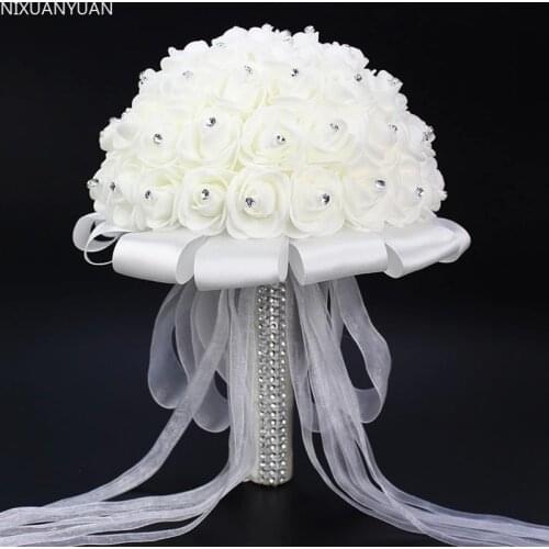 Wholesale Bridal Wedding Bouquet with Pearl Beaded Romantic Bride Bouquet Ramo Boda Flowers Bride White Satin