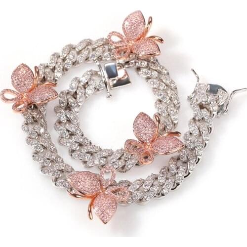 Cross-Border Hot Sale Hip-Hop Men and Women Color Micro-set Zircon Butterfly Cuban Crystal Miami Rose Gold Necklace Clavicle