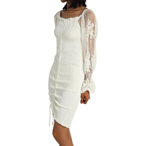 Hirigin 2021 New Dresses Women Sexy V-neck Dress Embroidery Pattern Long Puff Sleeves with Drawstring Fashion Design S/ M/ L