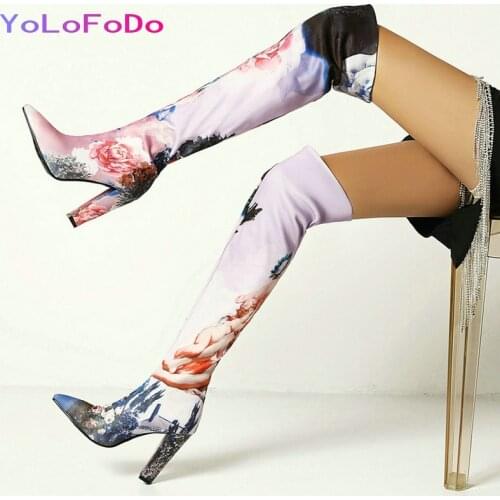 Plus Size 34-43 Women Over the Knee Boots Fashion Graffiti Autumn Winter Women Thigh Boots Pointed Toe Square High Heel Boots