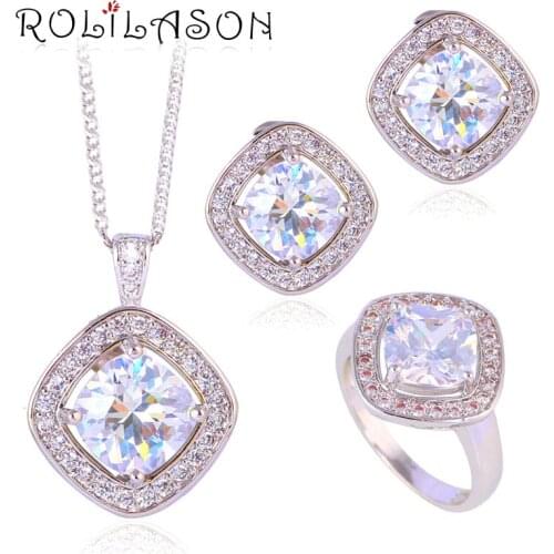 Silver stamped Earring Necklace Pendant rings Wedding Clear AAA CZ Fashion Jewelry Set for party JS641