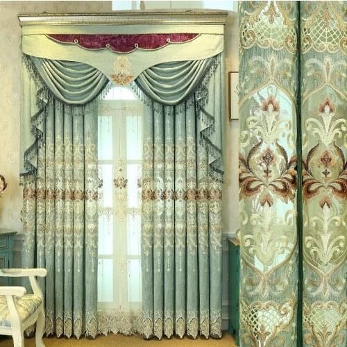 Blue European fresh embroidered and luxury relief cloth curtain for living room bedroom office villa French window curtains