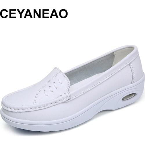 CEYANEAO Women Nurse White Career Loafers Flat Shoes Genuine Foam Casual Office Shoes Rubber Sole Doctor Hospital Nursing Flats