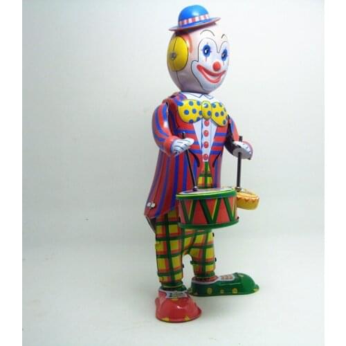[Funny] Classic collection Retro Clockwork Wind up Metal Walking Tin Toy Drumming Clown drummer Robot Mechanical toys kids gift