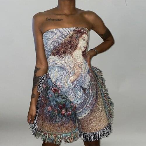 Vintage Face Pattern Women Playsuits Print Indie Folk Style Unique Side Tassel Loose Hipster Female Straight Clothing