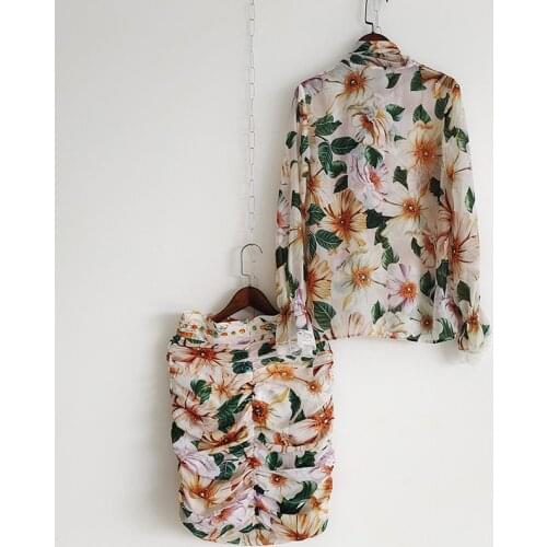 Summer Runway 2 Fashion Pieces Sets 2021 High Quality Yellow Flower Print Bow Shirt + Beading Sheath Skirt Beach Set