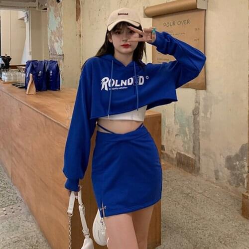 GUUZYUVIZ Casual Women Skirts Set Loose Pullover Letter Short Hoodied Sweatshirt High Waist Bandage Split Bodycon Skirt 2 Piece