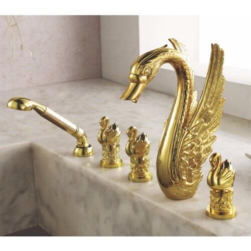 Free shipping PVD GOLD finish 5pcs swan bathtub faucet with hand shower swan tub faucet