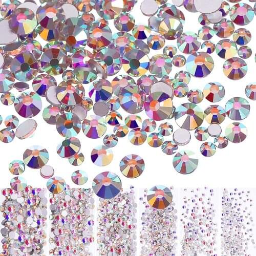 Artracyse 1440 Pieces Nail Crystals AB Nail Art Rhinestones Round Beads Mixed Flat Bottom Glass Charms Gemstones 6 Sizes