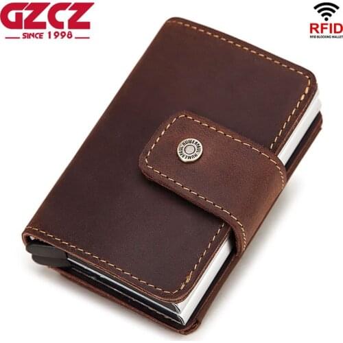 GZCZ Genuine Leather Automatic ID Card Holder Men Aluminum Alloy Anti-Degaussing Wallet Case Coin Purse cardholder Male Mini bag
