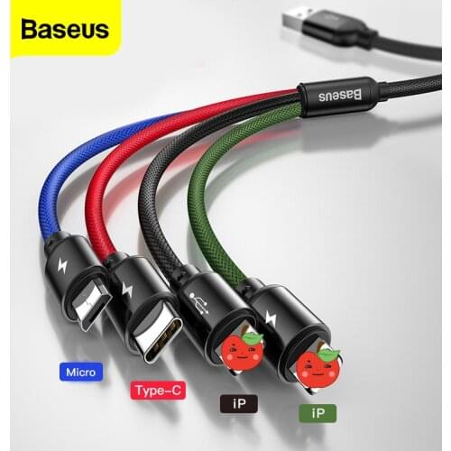 Baseus 3 in 1 USB Cable For iPhone 12 11 Pro Xr Xs Max Fast Charging 4 in 1 Cable Type C Type-c Micro USB Cable For Mobile Phone