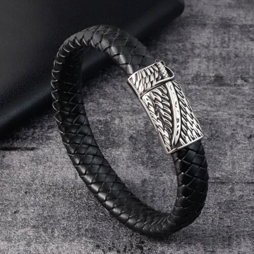 Genuine Leather Bracelet Fashion Men Jewelry Stainless Steel Magnetic Clasp Braided Black Punk Rock Leather Bangle