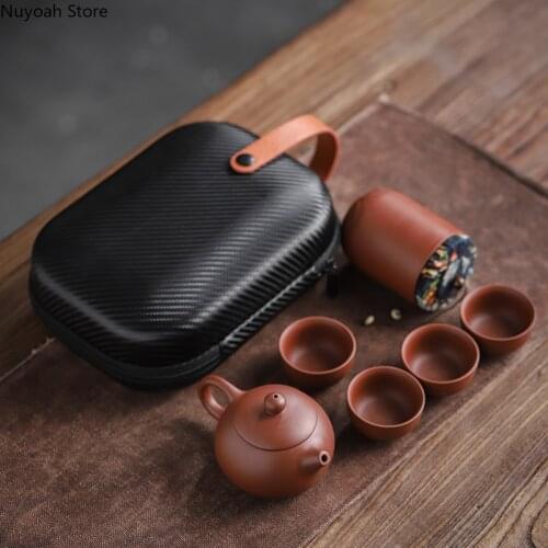 Travel Tea Set Purple Sand Tea Cup Ceramic Portable Pot Four Cups Tea Leaf Pot Tea Cup Exquisite Gift Living Room Tea Set Set