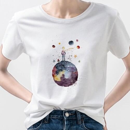 Earth Space Little Prince Cartoon Summer Top T-shirt Femme Fashion European Casual Park Tee Shirt Basic Oversized Harajuku 2021