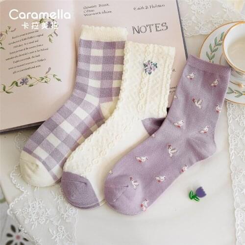 Caramella 2020 New Cotton Women Socks 3Pairs/lot Cute Birds Girls Socks Purple Gride Socks Flower High Stretch Comfy Female Sock
