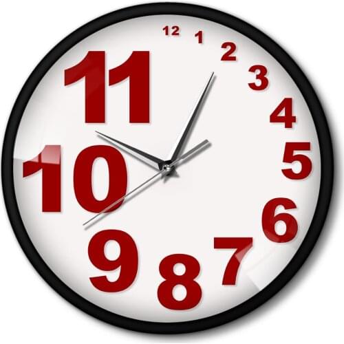 Numbers In Red of Different Size Clock Round Metal Frame Steel Room Decor Wall Clock Quatrz Movement Time Clock