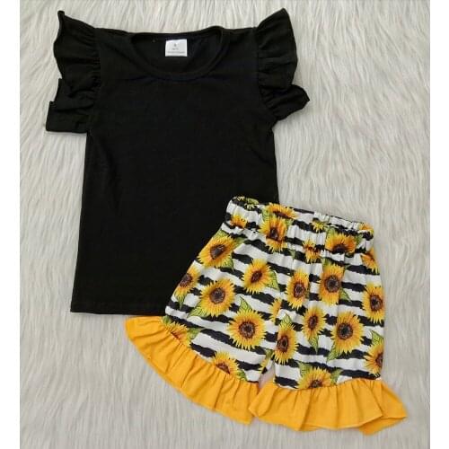 Summer Baby Girls Outfits 100% Cotton Sleeveless Top Sunflower Stripe Shorts with Ruffles