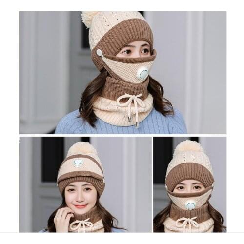 2020 New Winter Women Beanie Scarf Mask Set Winter Warm Plush Lined Pom Pom Knit Hat with Mask and Neck Warmer