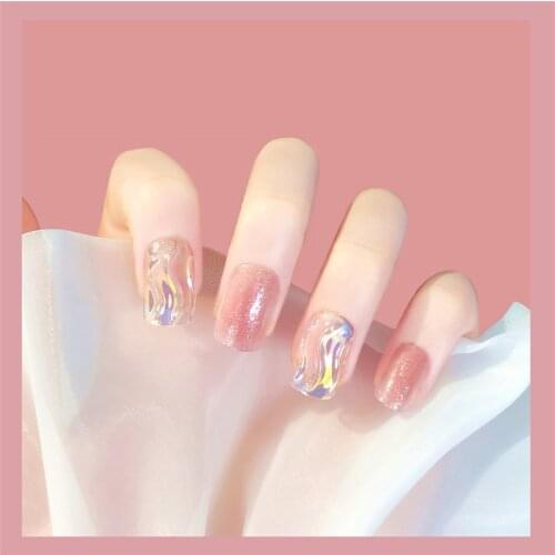 Beautiful shining pink pure color with 3d water ripple fake nails cute short size 3D decorated false nails bride full nail tips