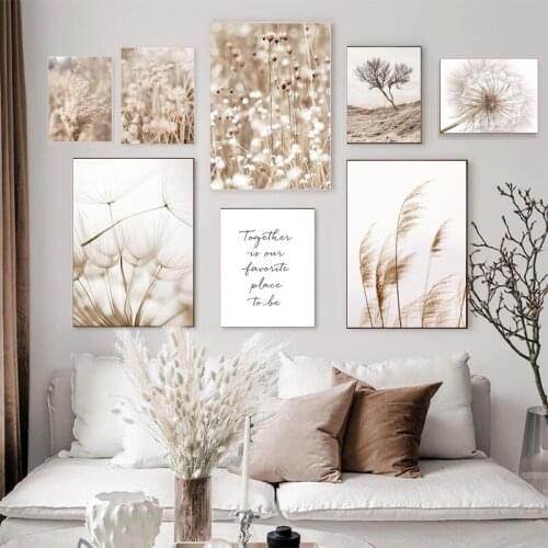 Nordic Posters and Prints Wall Pictures Reed Dandelion Quote Dry Tree Beige Wall Art Canvas Painting for Living Room Decoration