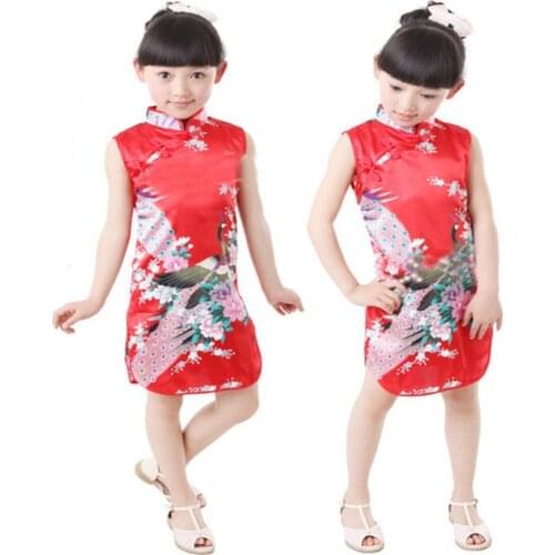 New peacock pattern Girls Charmeuse Chiness Dress cheongsam/Performance clothing/ for kids Childrens dress