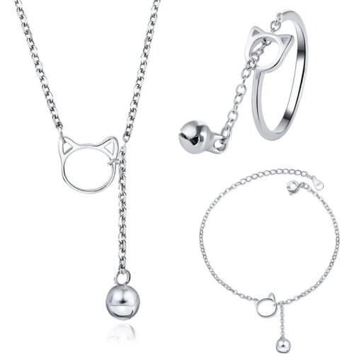 3PCs Cute Cat Bell Necklace Ring Bracelet Korean Literary Arts Clavicle Chain Set for Student Girlfriends Girls Jewelry Gift