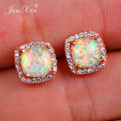 Boho Women Ladies White Fire Opal Earrings 18KT Rose Gold Filled Jewelry Vintage Double Zircon Wedding Stud Earrings