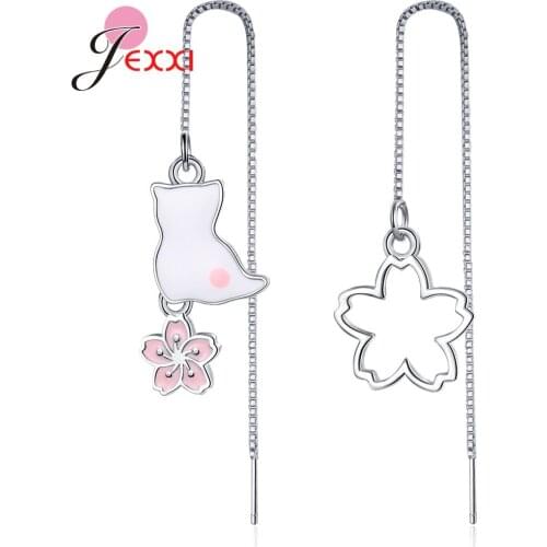 Korean Style 925 Sterling Silver Asymmetric Design Cat Flower Earrings For Women Girls Fashion Birthday Party Jewelry Gifts