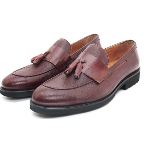 SHENBINS Handmade Burgundy Deer/Baby Buffalo Kiltie Tasseled Loafers with Extra Light Soles, Lightweight Casual Footwear