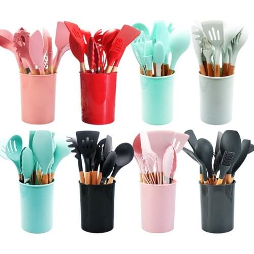 Silicone Kitchen Tools Set Cooking Tools Utensils Set Spatula Shovel Soup Spoon with Wooden Handle Special Heat-resistant Design