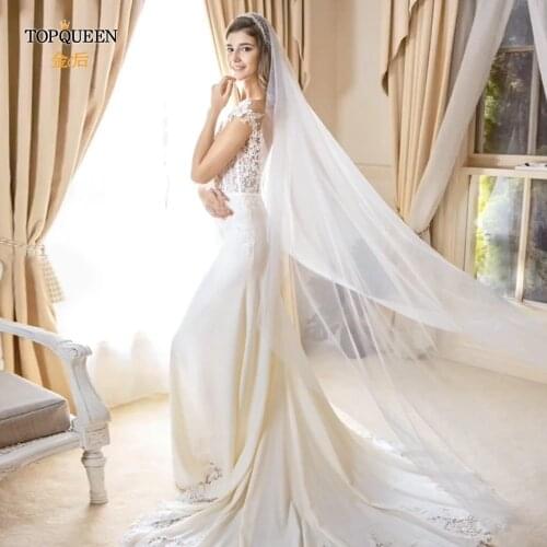 TOPQUEEN V85 Long Wedding Veils with Clear Crystal Cathedral Wedding Veil with Comb Veils Wedding Crystal Beaded Bling Bridal