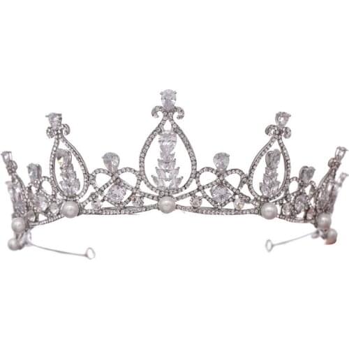 Bride Hair Accessories Silver Color Flower Headdress Rhinestone Crystal Pearl Crown Wedding Tiara Princess Head Jewelry