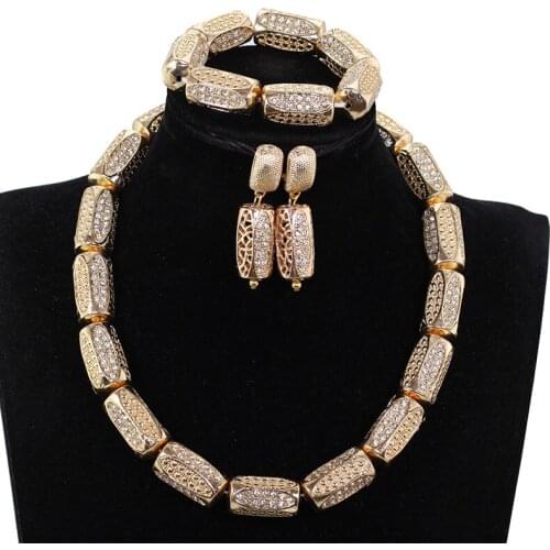Splendid Gold Copper Chunky Statement Necklace Set Fashion Rhinestone Party Necklace Bracelet Earrings Set WE221