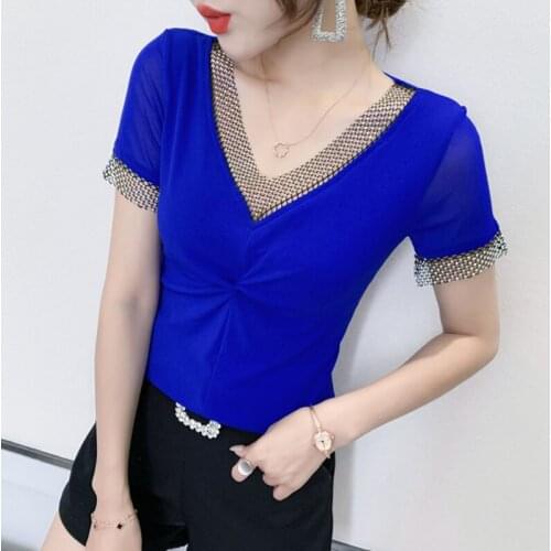 Womens T-Shirt New 2021 Summer Short Sleeve Mesh Tops Shirt Elegant Slim Solid Color Diamond Blusas Plus Size Clothes